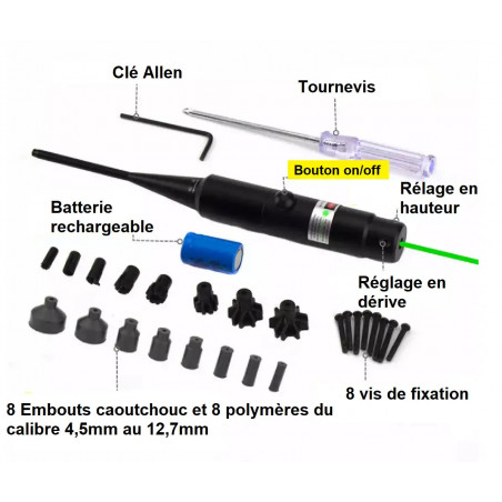 Collimateur de réglage laser vert réglable avec 16 adaptateurs pour calibre 4,5 à 12,7mm (177 au 50)